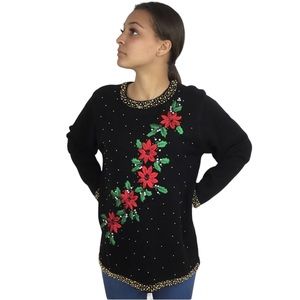 OHI Striking Embroidered Poinsetta Embellished Sweater